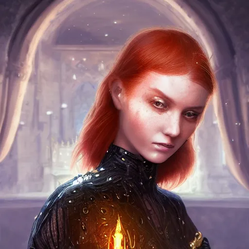 Image similar to redhead girl in black dress in beautiful castle, black pearls and golden gems, glowing eyes, light freckles, portrait, biomech, conceptart, medium shot, unreal, octane, symmetrical, photorealism