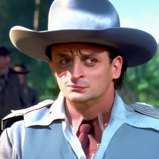 Image similar to Tim Robinson from I think You should Leave, wearing the Lone Ranger outfit and disguise, photo from the TV show Hot Shots Megee