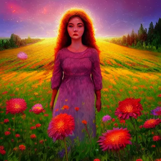 Image similar to girl with a gargantuan flower as a face, surreal photography, dream, standing in flower field, hills, big trees, sunrise dramatic light, impressionist painting, colorful clouds, digital painting, pointillism, artstation, simon stalenhag, flower face