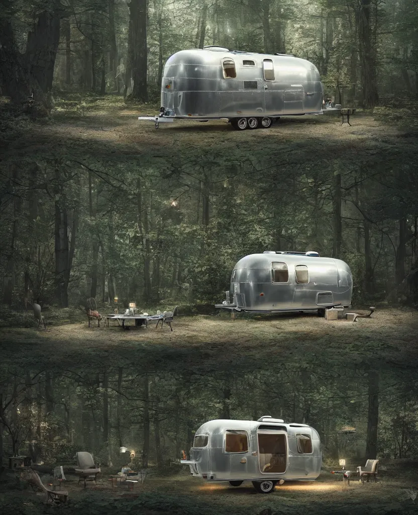 Image similar to image of a sylish vintage airstream camper in magical forest, photorealistic, digital painting, artstation, intricate artwork by Tooth Wu and wlop and beeple. octane render, trending on artstation, greg rutkowski very coherent symmetrical artwork. cinematic, hyper realism, high detail, octane render, 8k