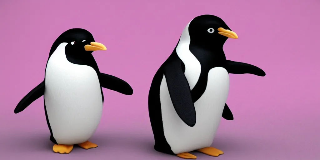 Image similar to realistic penguin sitting in an pink fluffy bed waving, unreal 5