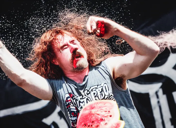 Image similar to photo still of gallagher at vans warped tour!!!!!!!! at age 4 5 years old 4 5 years of age!!!!!!! throwing watermelons at a crowd, 8 k, 8 5 mm f 1. 8, studio lighting, rim light, right side key light