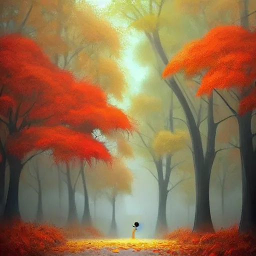 Image similar to goro fujita ilustration a beautiful autumn forest while it is raining heavily., painting by goro fujita, sharp focus, highly detailed, artstation