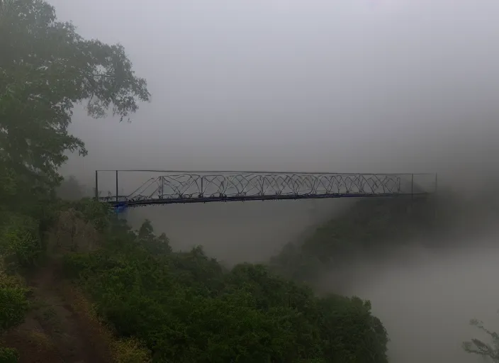 Image similar to a photograph of an emerald bridge over a wine river. Detailed. mythical. magical. mist. foggy. 4k. 800 iso.