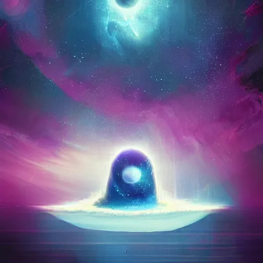 Image similar to a floating island in space, water flowing, surrounded by nebula, by anato finnstark