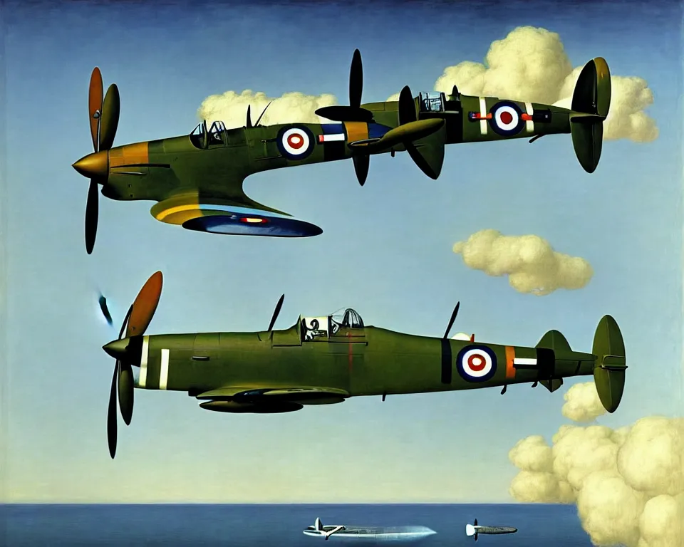 Prompt: an achingly beautiful print of one supermarine spitfire by Raphael, Hopper, and Rene Magritte. detailed, romantic, enchanting, trending on artstation.