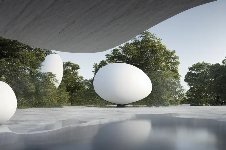 Image similar to many white egg shaped spherical spaces are combined to form a building. on the calm lake, people's perspective, future, interior wood, marble, award winning, highly detailed 4 k art, dusk, unreal engine highly rendered, global illumination, radial light, internal environment by kazuyo sejima and pierre cardin