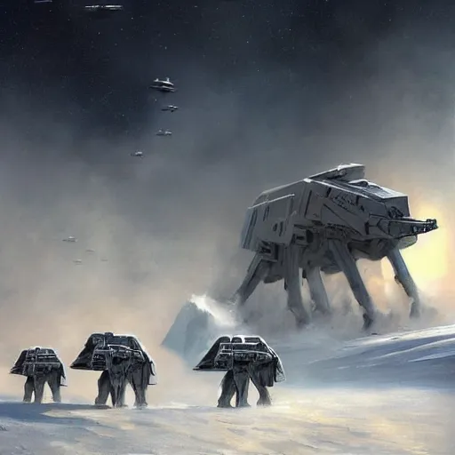 Image similar to a beautiful dramatic painting of arrival of at - ats on hoth by famous artist nasreddine dinet and eugene de blaas and greg rutkowski and artgerm and wlop and george lucs, path tracing, artstation