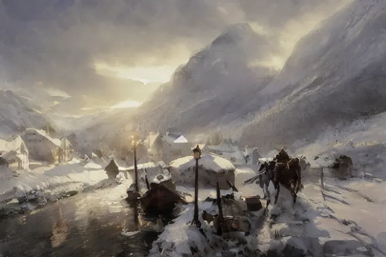 Prompt: centered on canvas, paint brush strokes, watercolor painting of snowy nordic village, midday sharp light, dust, cinematic light, romanticism by hans dahl, jesper ejsing, anders zorn, greg rutkowski, greg manchess, tyler edlin