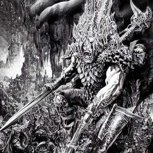 Image similar to arnold swarchenegger with giant sword fights ugly demon, intricate detailed dark fantasy art by kentaro miura, gustave dore, jean giraud, philippe druillet