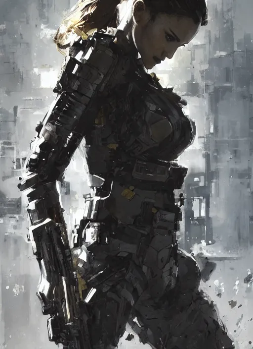 Prompt: jessica alba wearing metal gear armor holding gun dramatic lighting art by brandon anschultz by yoji shinkawa by richard schmid by greg rutkowski by sandra chevrier by jeremy lipking cinematic dramatic brush strokes background