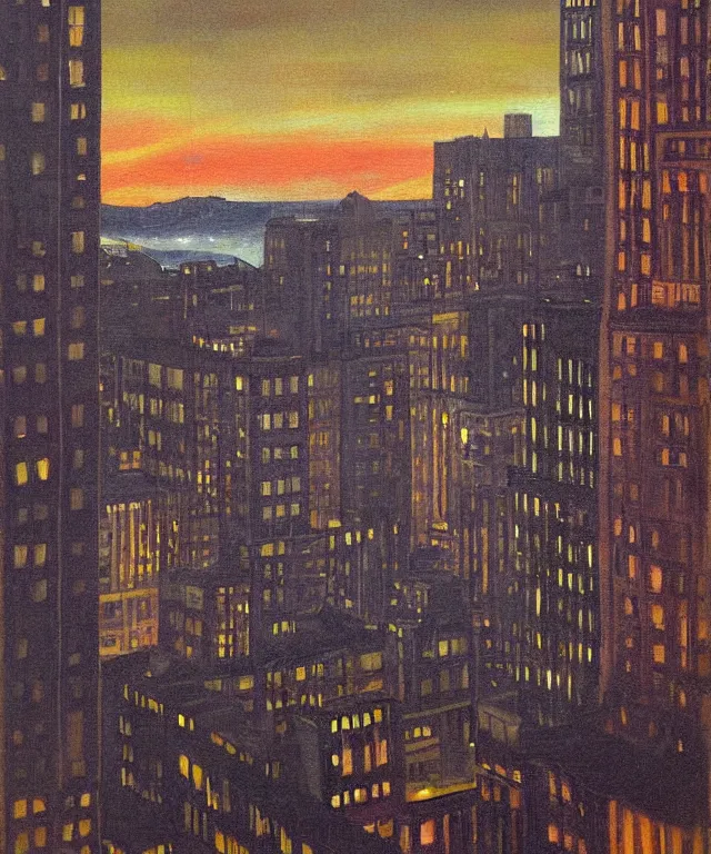 Image similar to horrifying full color photorealistic painting of the view of a warped downtown 1 9 2 5 boston at night with a cosmic sky viewed from a hotel balcony, dark, atmospheric, brooding, smooth, finely detailed, cinematic, epic, in the style of paul carrick