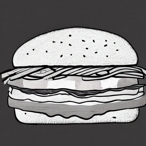 Prompt: line drawing of a pig in between two buns as a sandwich, outside art