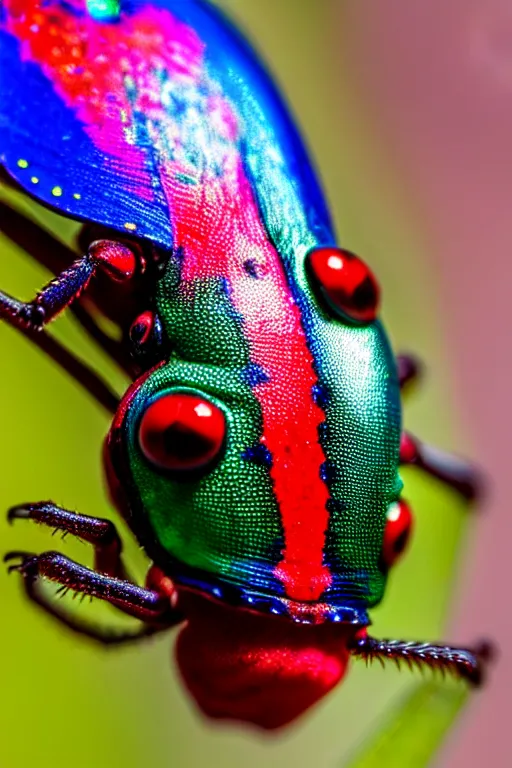 Image similar to high quality macro photo iridescent Red spotted jewel beetle! gorgeous highly detailed david ligare elson peter cinematic blue lighting high quality low angle hd 8k sharp shallow depth of field