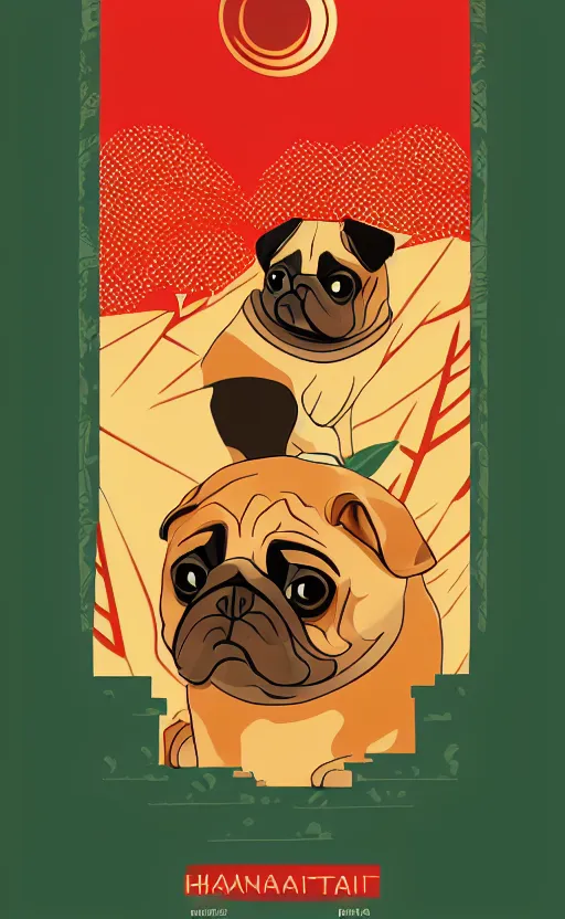 Prompt: hanafuda pug, a big red charm is floating above a forest of japanese pines, a big red sun in the background, original style, front game card, vector line art, trending on behance, concept art, stunning, matte