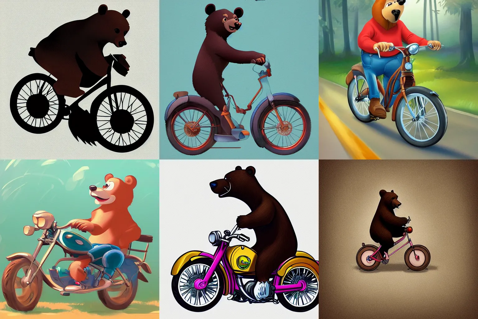 Prompt: bear driving a bike, Disney style, full shot, stylized digital art, artstation