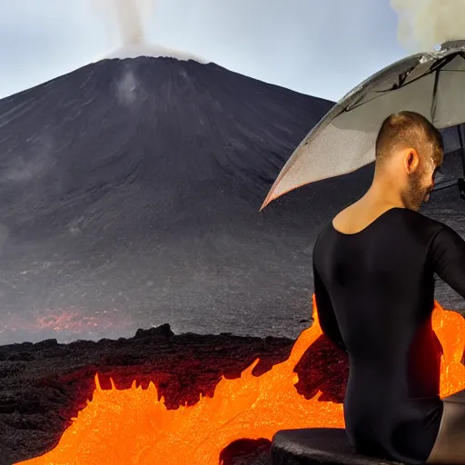 Prompt: man in a swimsuit sunbathing under an umbrella on a volcano with magma eruptions and lava flowing, steam and smoke from smoldering rocks