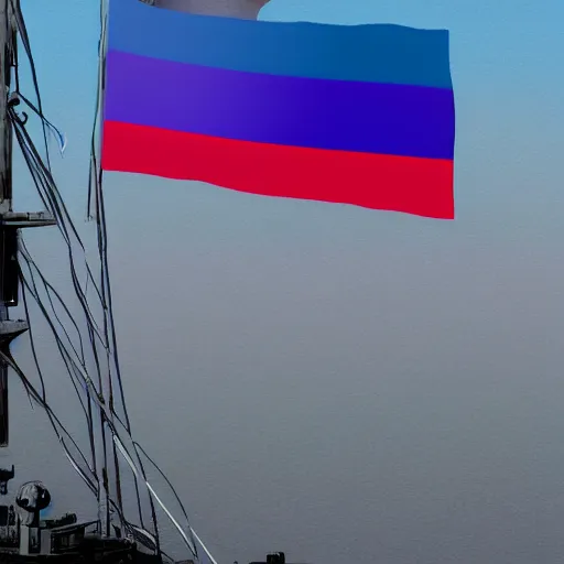 Prompt: Transgender pride flag risen over a battleship, digital art, trending on artstation