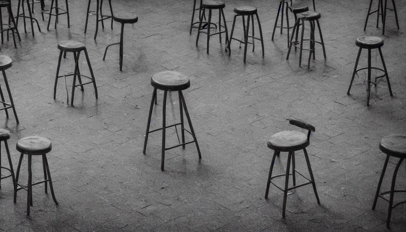 Image similar to empty fair, stools, no people, sad, melancholic, depressing, very detailed, emotional, 4 k