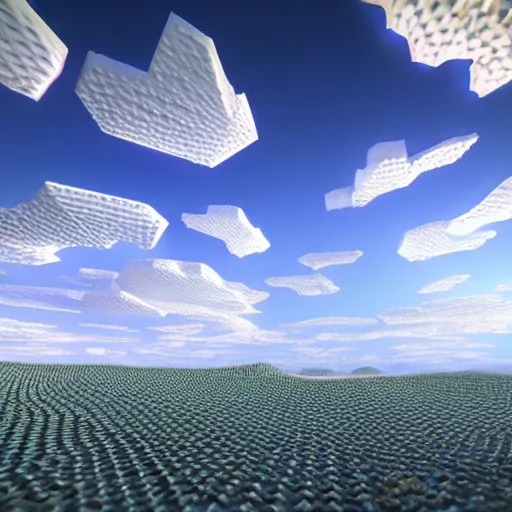 Image similar to photorealistic 3 d rendering of 3 d cellular automaton and the blue cloudy sky. highly detailed octane render and vray with natural light and organic colours, volumetric lighting, raytracing, unreal engine