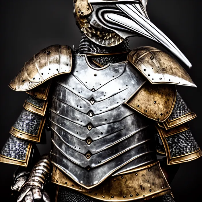 Image similar to photo of a warrior with metal pelican themed armour, highly detailed, 4 k, hdr, smooth, sharp focus, high resolution, award - winning photo