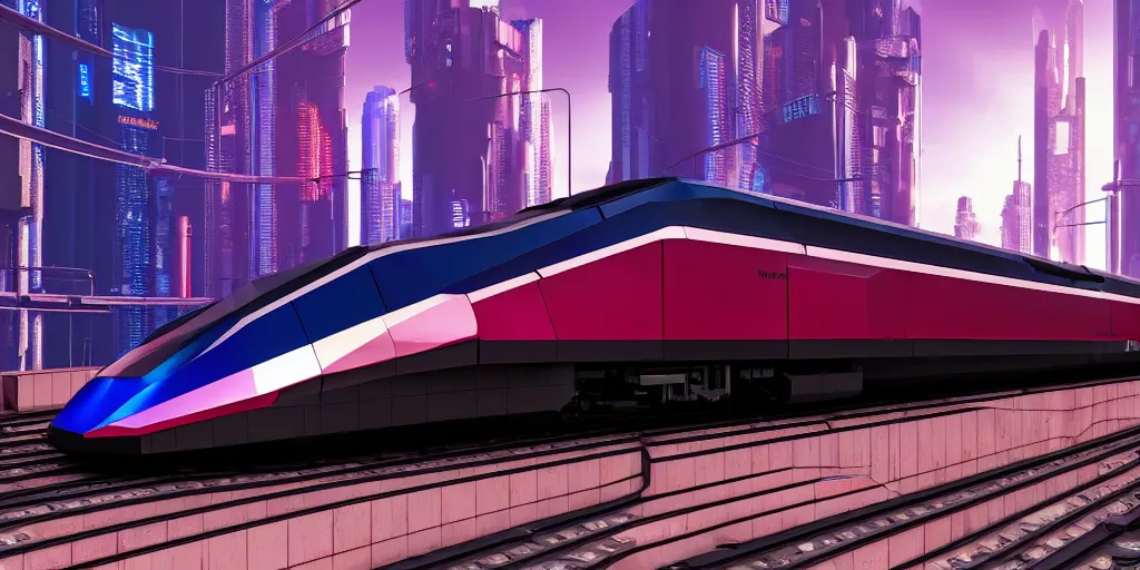 Image similar to a cyberpunk maglev train riding though futuristic station, blocky futuristic cityscape in background, gorgeous lighting and metallic reflection, maroon and blue accents, 8k, large scale, high detail, side profile