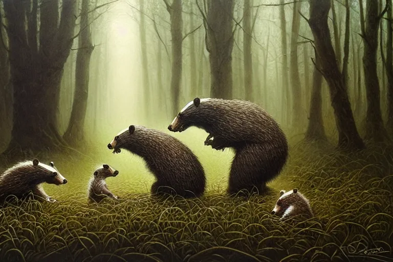 Prompt: photo, badgers having a fight, woodland location, stefan kostic and david cronenberg, realistic, sharp focus, 8 k high definition, intricate, chiaroscuro, elegant, perfect faces, symmetrical face, extremely detailed, hypnotic eyes, realistic, fantasy art, masterpiece zdzislaw beksinski, artgerm