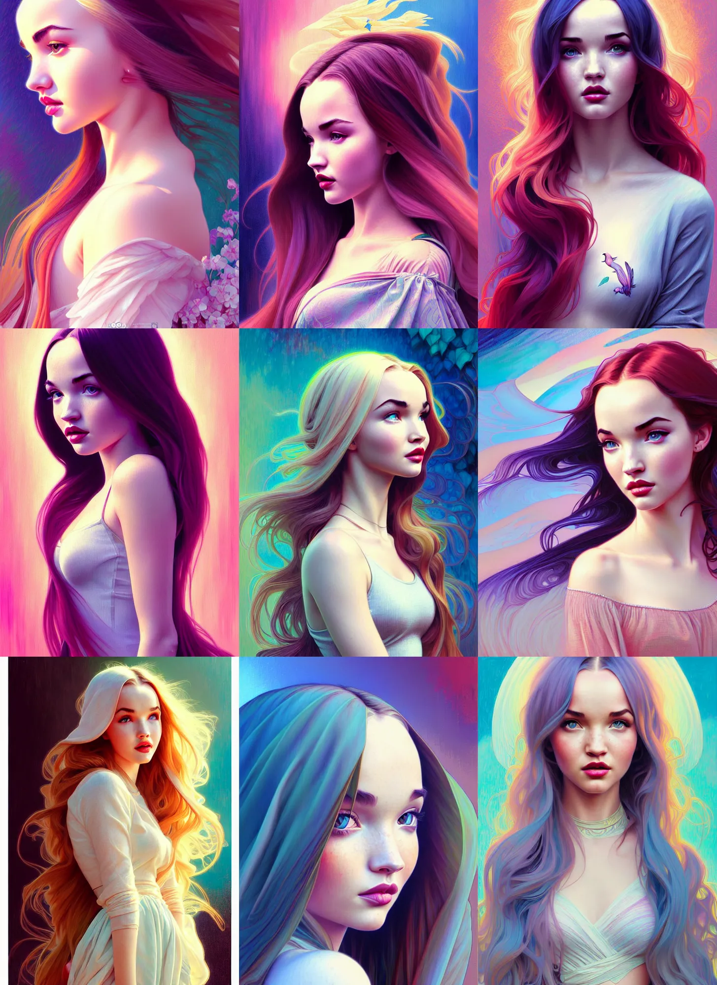 Prompt: a mix of dove cameron and megan fox, rorsach path traced, highly detailed, high quality, digital painting, alena aenami, lilia alvarado, shinji aramaki, karol bak, alphonse mucha, tom bagshaw