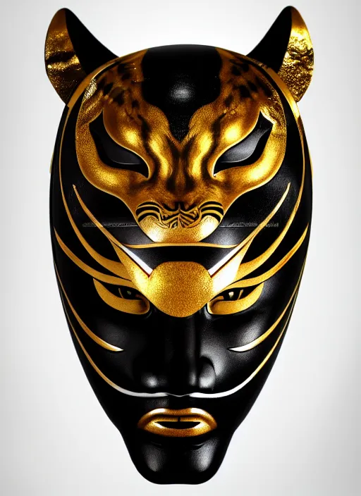 Prompt: samurai tiger mask, product photography, deep black background, fantasy, highly detailed, texture, shimmering, wlop, concept art, digital art, symmetrical features, golden-ratio, canvas, Wangechi Mutu, artstation, rule of thirds