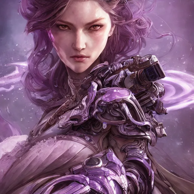 Image similar to close facial portrait of a pale woman in sci - fi armor with a flowing purple, elegant, stoic, intense, ultrafine hyperdetailed illustration by kim jung gi, irakli nadar, intricate linework, sharp focus, bright colors, octopath traveler, final fantasy, hearthstone, highly rendered, global illumination, radiant light, detailed, intricate environment