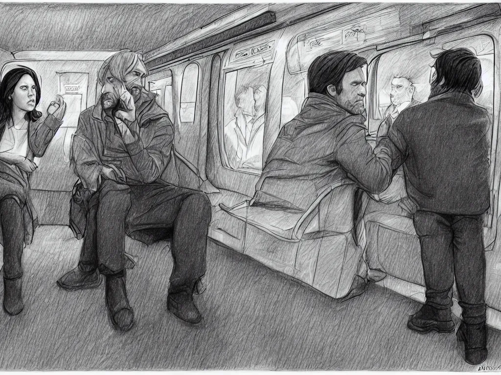 Image similar to a pencil drawing by Geoff Darrow, 3/4 low angle view wide shot of two people sitting in an empty Chicago subway train, in front of windows: a sad Aubrey Plaza in a parka and a friendly Mads Mikkelsen in a suit