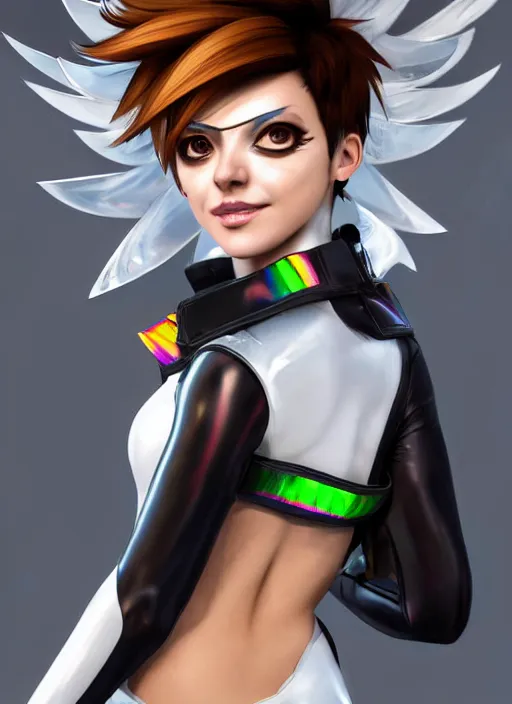 Image similar to portrait bust digital artwork of tracer overwatch, wearing white iridescent rainbow latex and leather straps catsuit outfit, 4 k, expressive happy smug expression, makeup, in style of mark arian, angel wings, wearing detailed black leather collar collar collar collar, chains, black leather harness, detailed face and eyes,