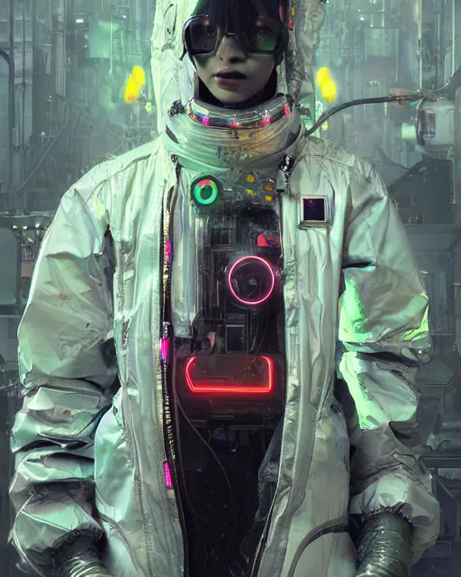 Prompt: detailed portrait neon medical machinery cyberpunk futuristic, reflective puffer jacket, black leggings, decorated with traditional ornaments in a white room with piles of garbage by ismail inceoglu dragan bibin hans thoma, perfect face, fine details, realistic shaded, fine - face, pretty face