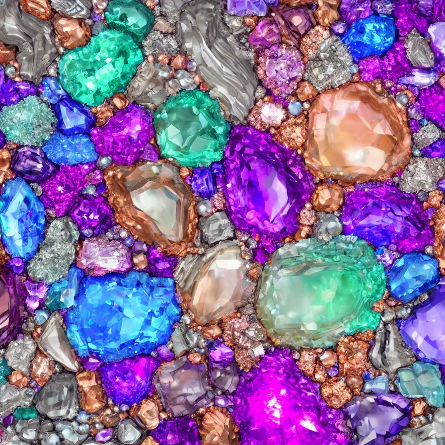 Prompt: lot of beautiful gems in every possible color, type, size, and shape. ornated with shiny thin silver and copper wires. abstract composition made of crystals, pearls and bismuth. hyperrealistic render. smooth silky pastel color palette. transparent colorful surfaces. gigapixel render. polished. discodiffusion render by machine. delusions. 8 k 3 d shaded.