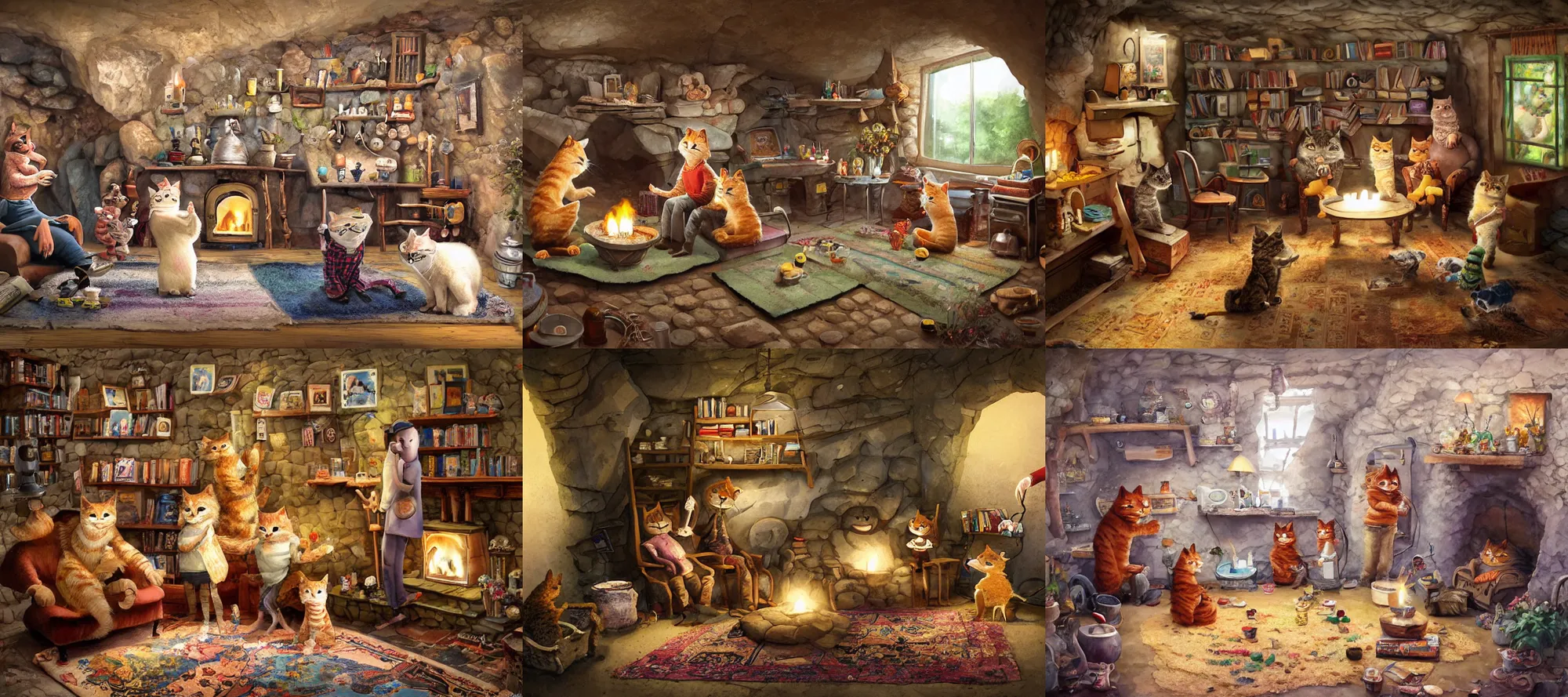 Prompt: family of anthropomorphic cats wearing trousers and shirts. they live underground in a cave, rock walls, candle lit room, kitchen table, stove, fridge, sink, armchairs, cosy fireplace, books on side table, colourful rug on floor by fireplace, pictures of family on wall, soft, cosy, craig mullins, james gurney, detailed watercolour, texture, highly detailed, movie scene, illustrative, hd, 4k