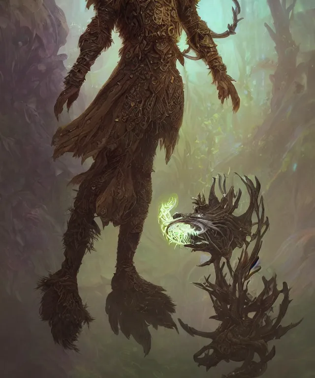 Image similar to a male spore druid with fractal themed clothing, fully clothed, pet animal, D&D, fantasy, intricate, cinematic lighting, highly detailed, digital painting, artstation, concept art, smooth, sharp focus, illustration, art by Artgerm and Greg Rutkowski and Alphonse Mucha