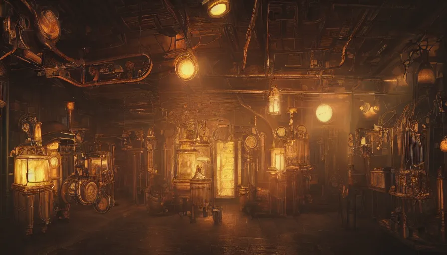 Prompt: a glowing electrical steampunk victorian museum, james gurney, cinematic lighting, lots of steam and sparks, wires made of copper, artstation, vibrant nature, tuomas korpi, tekkon kinreet, volumetric light, artstation,, octane render, redshift render, low angle camera, rich deep moody colors