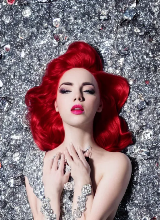 Prompt: ava max bright red hair lying on the floor surrounded by diamonds, canon, highly realistic. high resolution. highly detailed. dramatic. 8 k. 4 k.