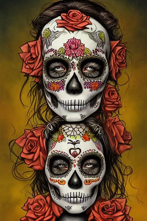 Prompt: Illustration of a sugar skull day of the dead girl, art by Gerald Brom