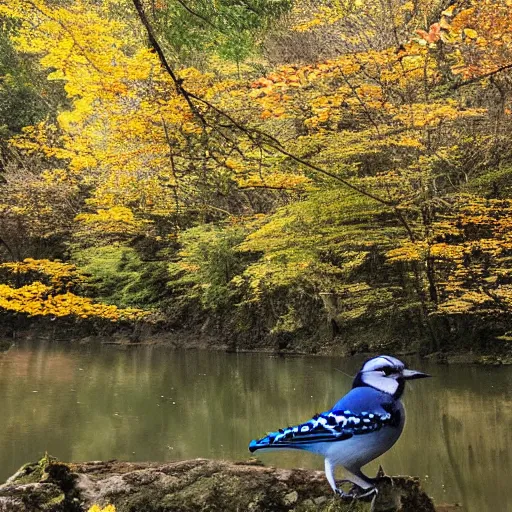 Image similar to bluejay standing next to a river in a forest in autumn