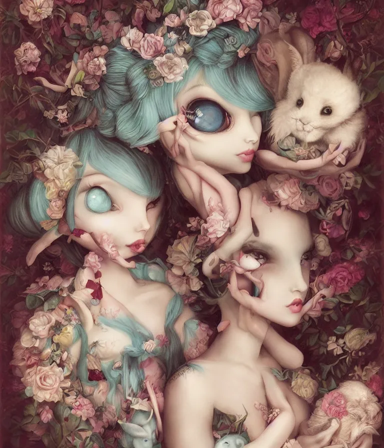 Image similar to pop surrealism, lowbrow art, realistic cute alice girl holding a bunny painting, japanese street fashion, hyper realism, muted colours, rococo, natalie shau, loreta lux, tom bagshaw, mark ryden, trevor brown style