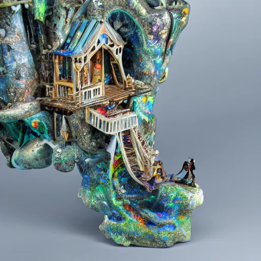 Image similar to exquisitely Intricate marble and opal treehouse, lucid, vivid, mystical, wide angle, high detail, 8k, justin totemical