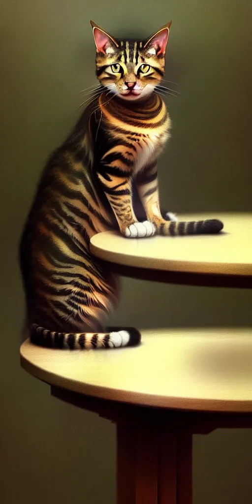 Prompt: a tabby cat, sitting on a table, concept art, intricate, digital painting, smooth, sharp focus, illustration, from Metal Gear, by Ruan Jia and Mandy Jurgens and William-Adolphe Bouguereau, Artgerm,