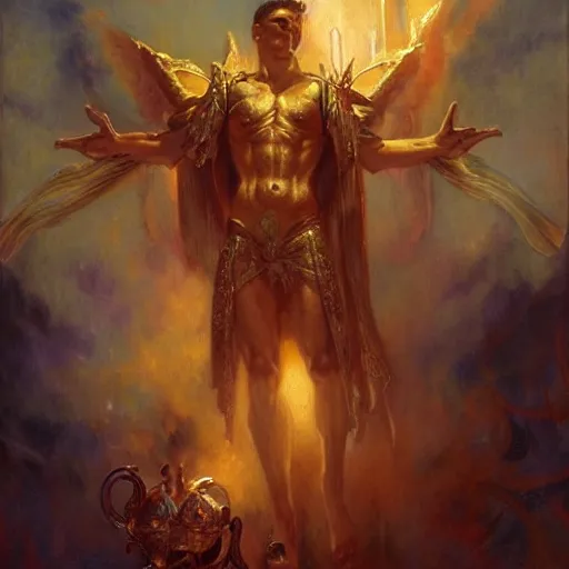 Image similar to attractive male deity casts light spell, summons attractive male lucifer morningstar. highly detailed painting by gaston bussiere, craig mullins, j. c. leyendecker 8 k