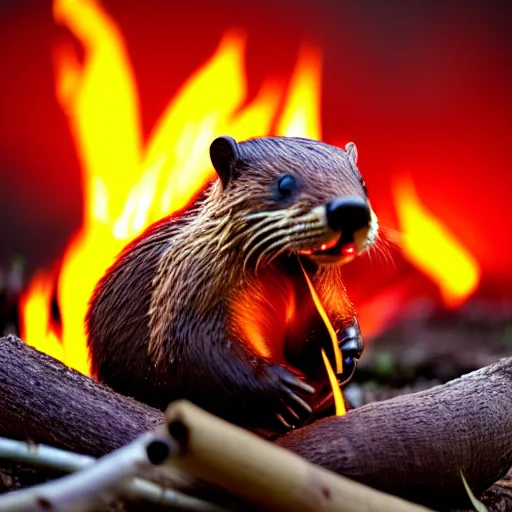 Image similar to wildlife photography of a beaver chewing down a bamboo shoot, surrounded by flames and lava, f / 1. 8, soft focus, 8 k, national geographic, award - winning photograph by nick nichols