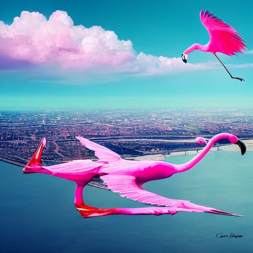 Prompt: a goddess wearing a flamingo fashion in the sky water, photoshop, colossal, creative, giant, digital art, city, photo manipulation, clouds, sky view from the airplane window