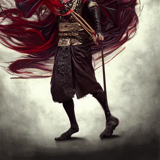 Image similar to an epic portrait of insane kabuki male wielding a spear covered in a distorting aura, intricate hakama, poofy red wig, eerie, highly detailed, dark fantasy, art by artgerm and greg rutkowski