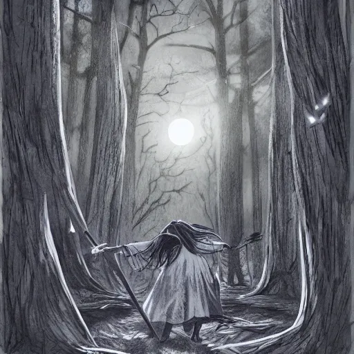 Image similar to an image of a witch performing a spell in a forest glade during the full moon, ambient lighting, concept art