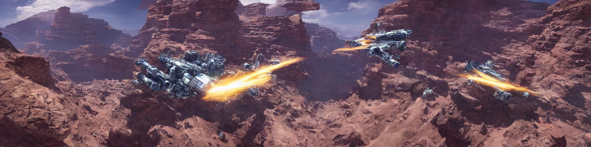 Image similar to spacecraft speed race road into the mountain rocks like grand canyon. Illustration by Blizzard and Ubisoft