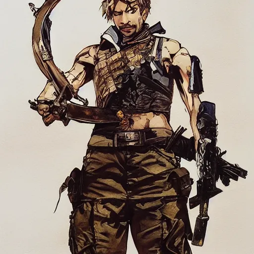 Image similar to portrait of a hero holding his sword in front of his face by yoji shinkawa, high quality, extra details, realism, ornate, colored, golden chain, blood, white skin, short hair, brown eyes, vivid, sunlight, dynamic, american man, freedom, white american soldier, painting